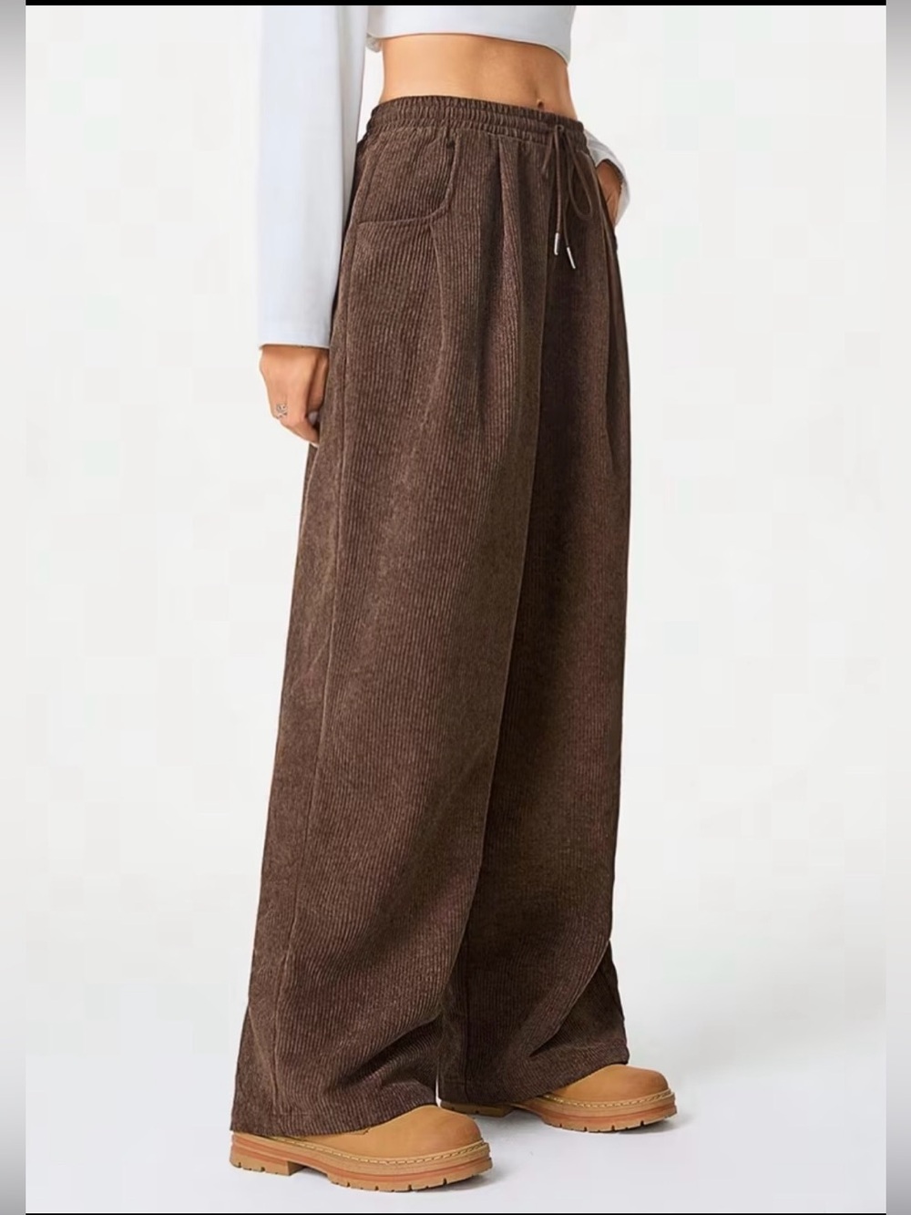 Women’s Wide Leg Corduroy Pants with Pockets in Dark Brown Size XL